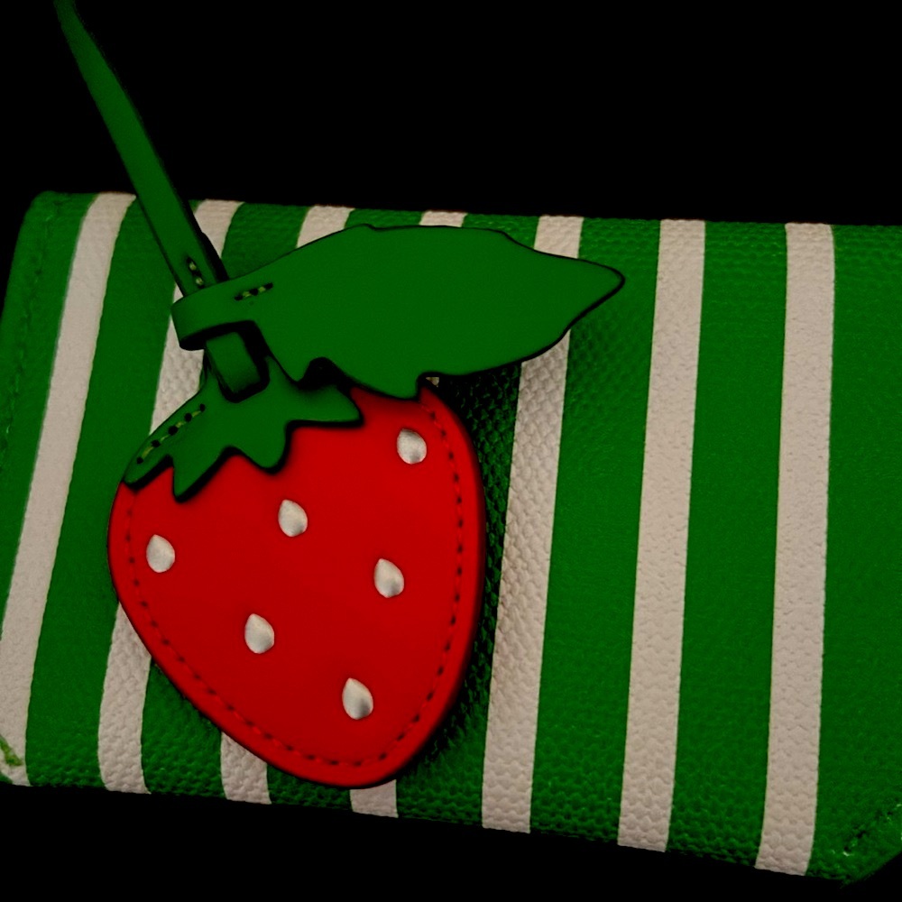 Kate Spade Green Striped wallet card holder with Strawberry Charm - Picture 7 of 7